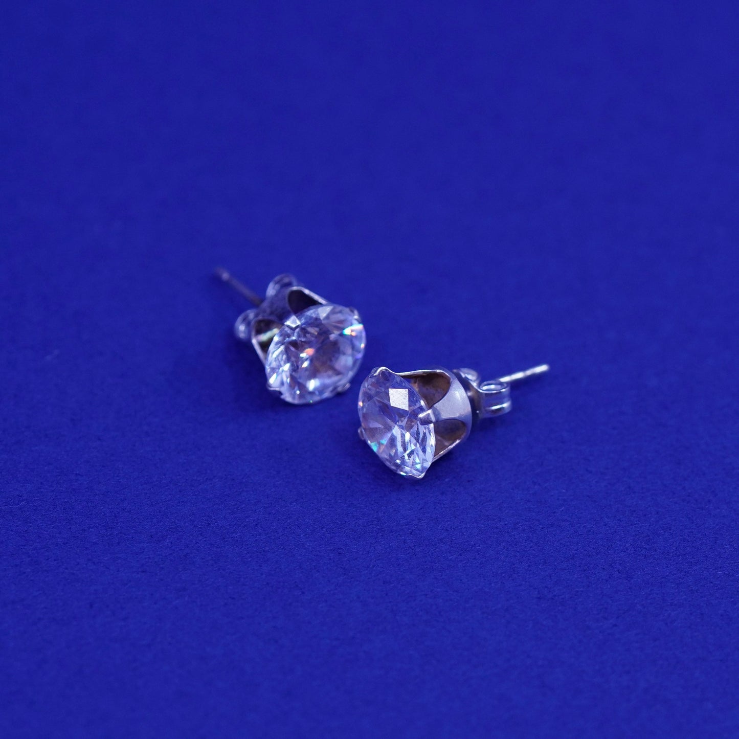 8mm, Vintage sterling silver handmade earrings, round 925 studs with CZ