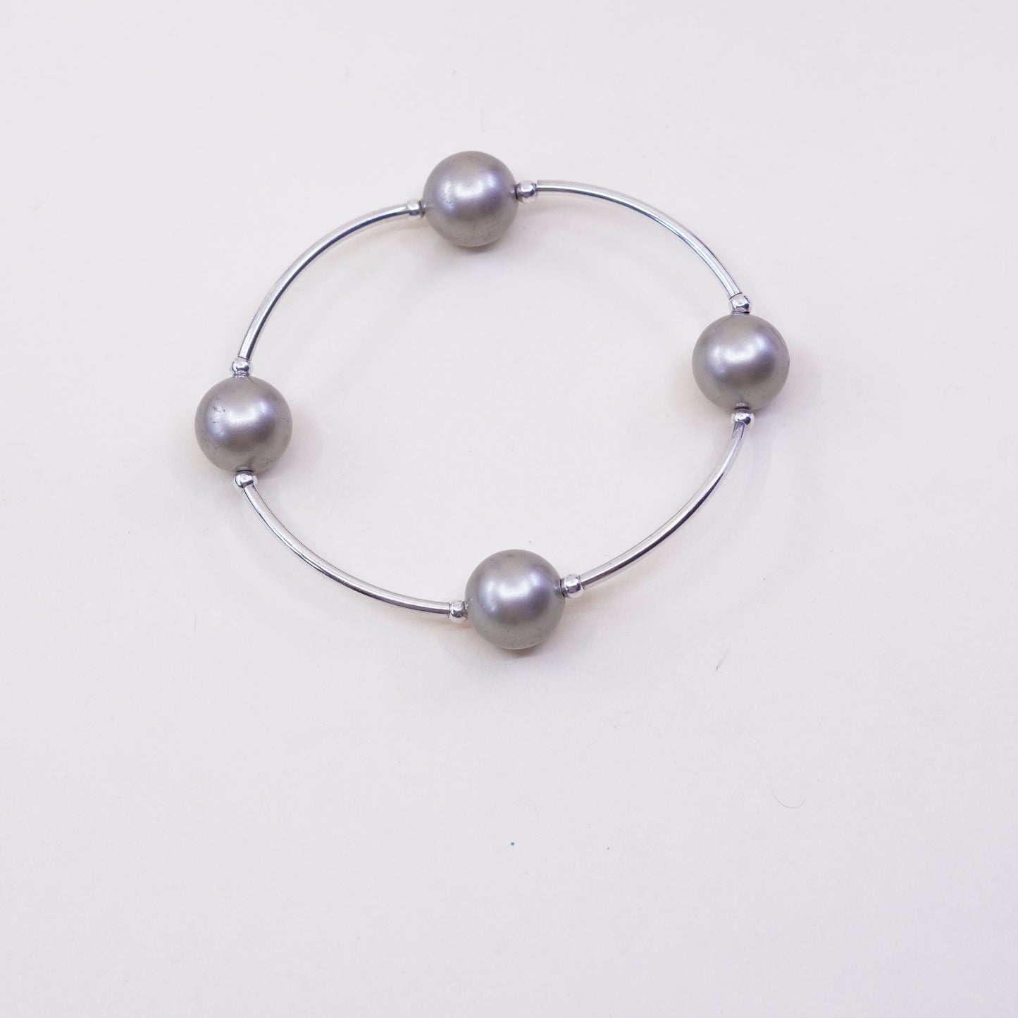 6”, handmade sterling 925 silver bar with gray pearl bracelet w/ elastic band