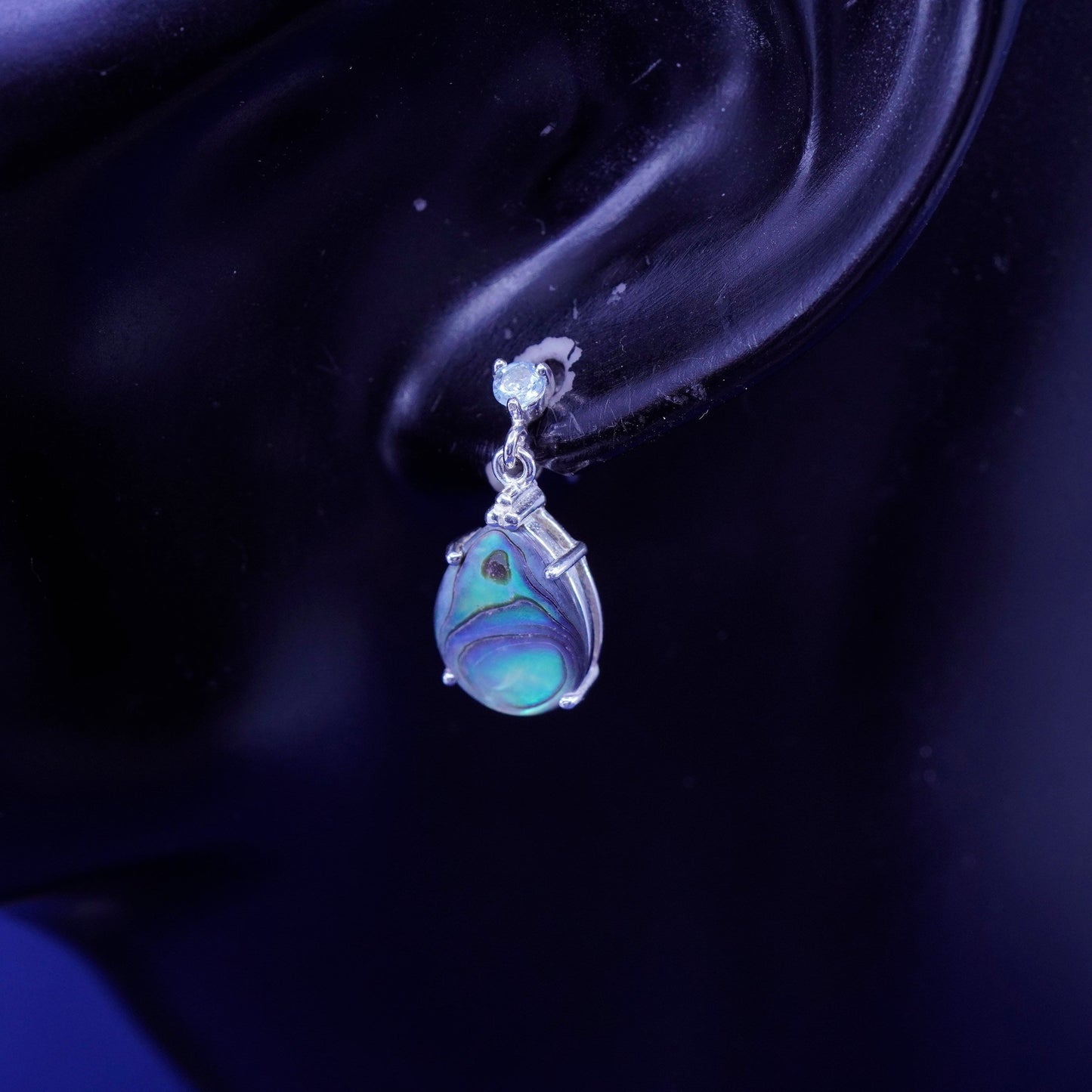 Vintage Sterling 925 silver handmade earrings with teardrop abalone and cz
