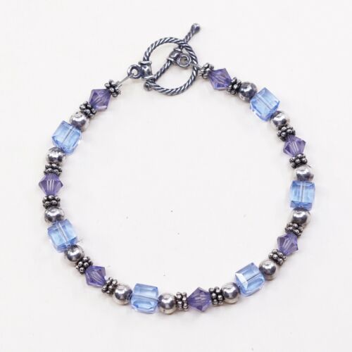 6.75”, Vtg Sterling Silver Handmade Bracelet, 925 Beads W/ Blue Glass Beads