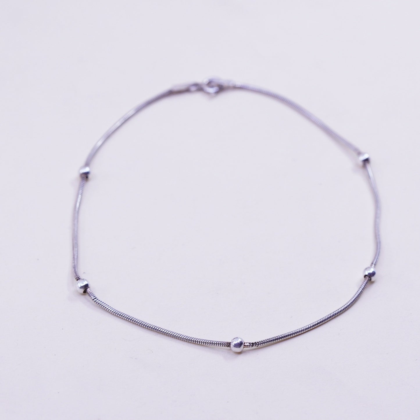 9”, 1mm, Vintage sterling silver bracelet, 925 snake chain anklet with beads
