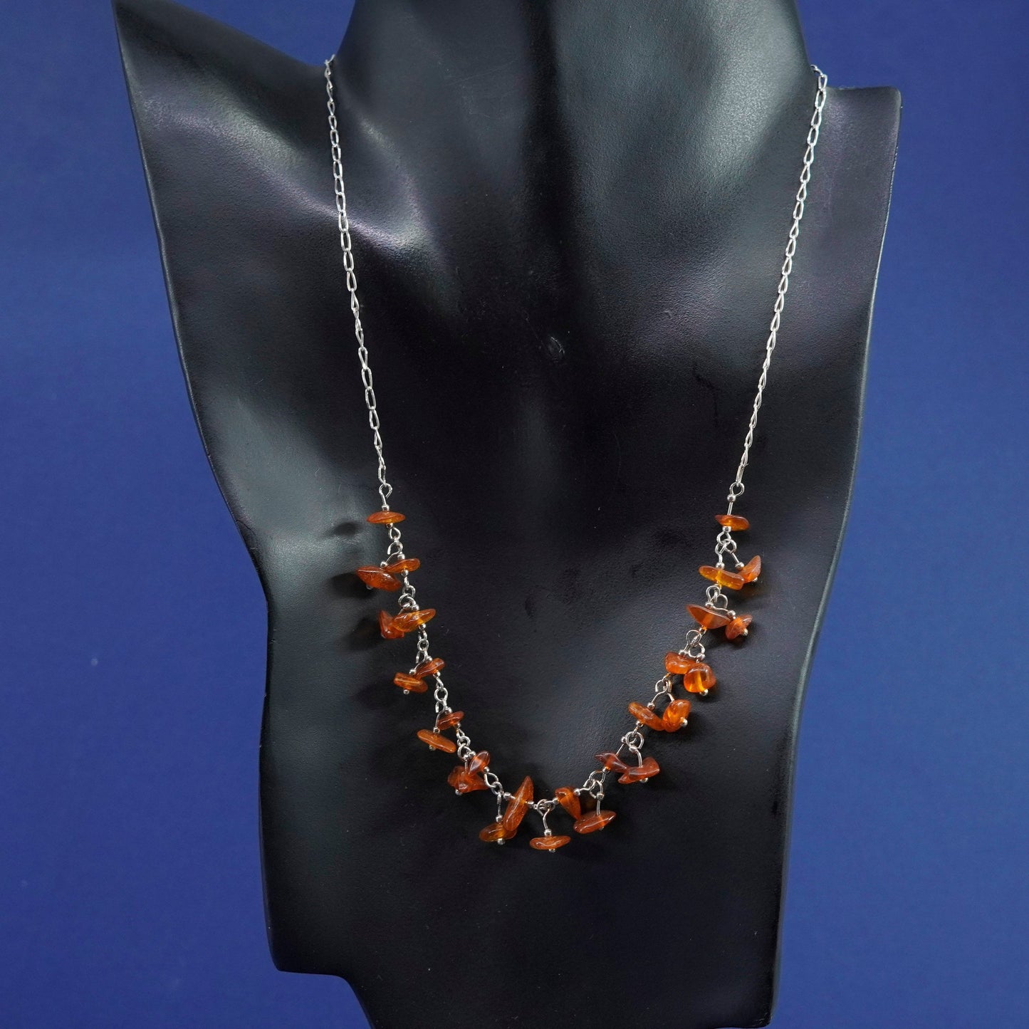 18”, vintage Sterling silver necklace, 925 long chain w/ cluster amber pendant