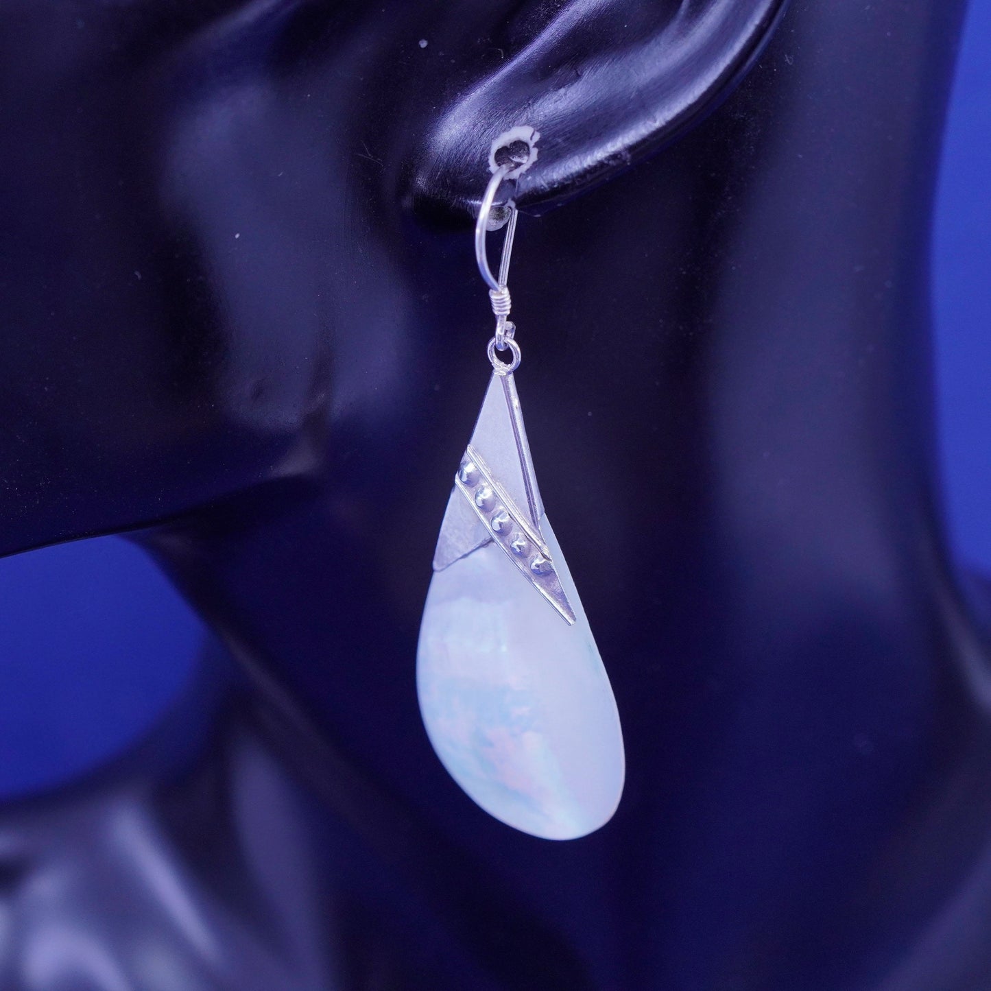 2.25”, Vintage sterling 925 silver handmade teardrop earrings mother of pearl