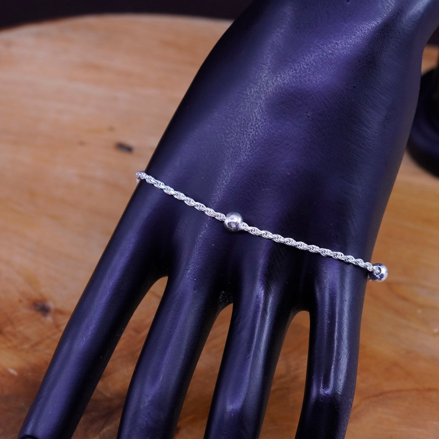 9”, 2mm, vintage Sterling silver rope bracelet, Italy 925 chain with beads
