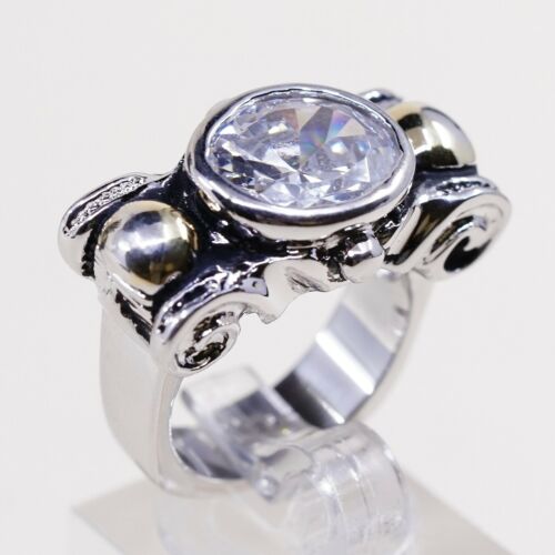 Size 6.5, Vtg Two Tone Sterling 925 Silver Handmade Ring W/ Gold Tone Beads N Cz
