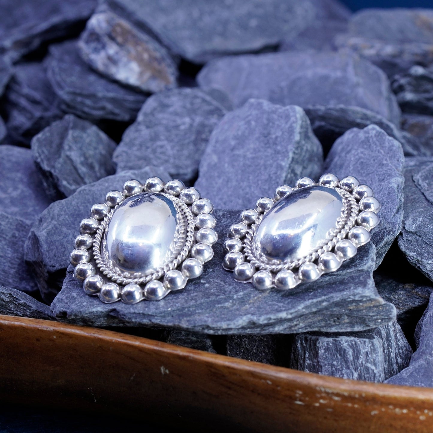 Vintage Mexico sterling 925 silver handmade oval clip on earrings with beads