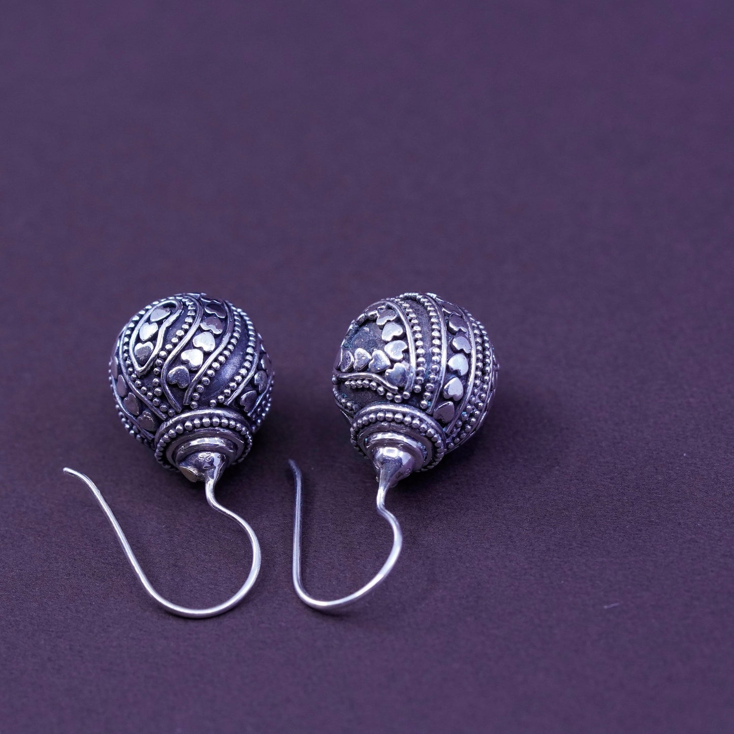 Sterling 925 silver handmade earrings w/ bali bead dangles w/ 14k gold heart