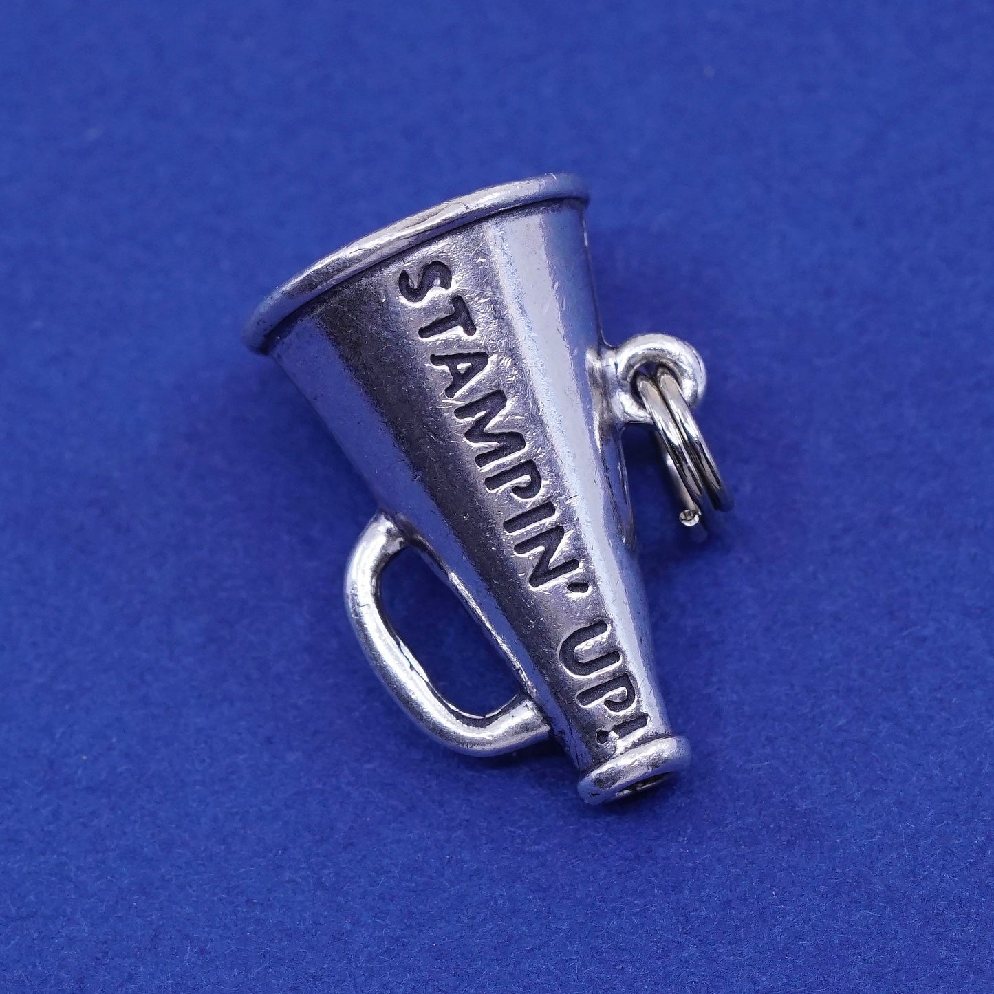 vtg sterling silver handmade pendant, 925 trumpet charm embossed “stampin up