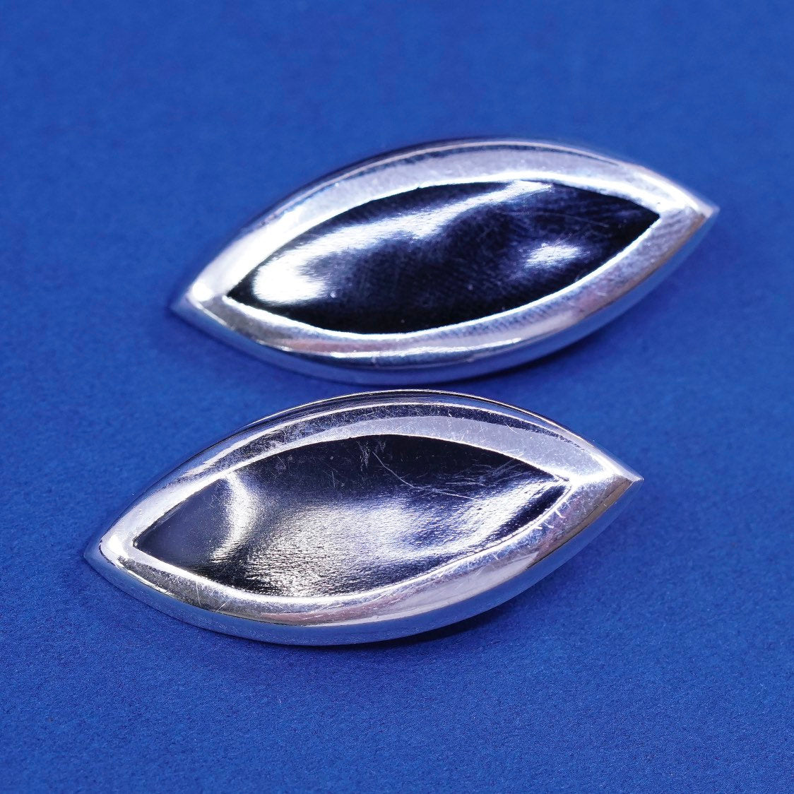 vtg mexico handmade earrings, alpaca silver studs with Marquise obsidian inlay