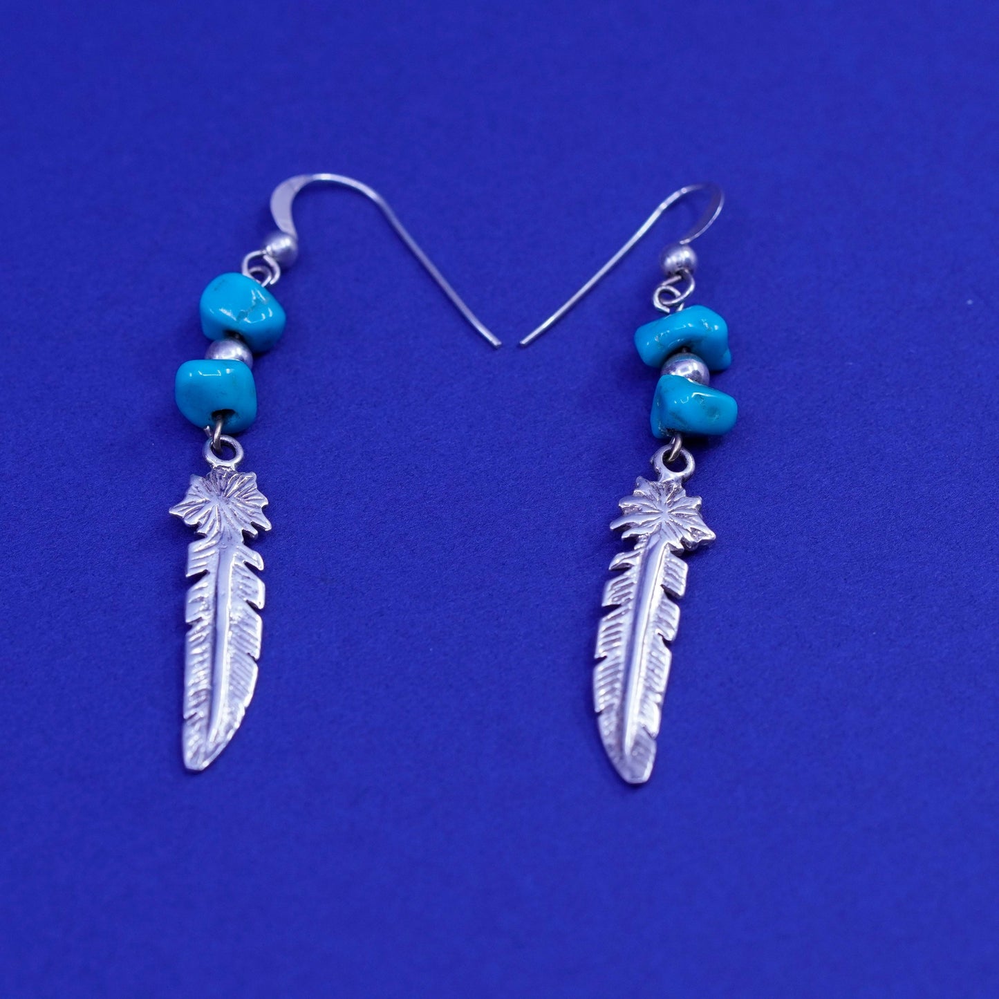 Vintage southwestern sterling 925 silver handmade earrings feathers turquoise