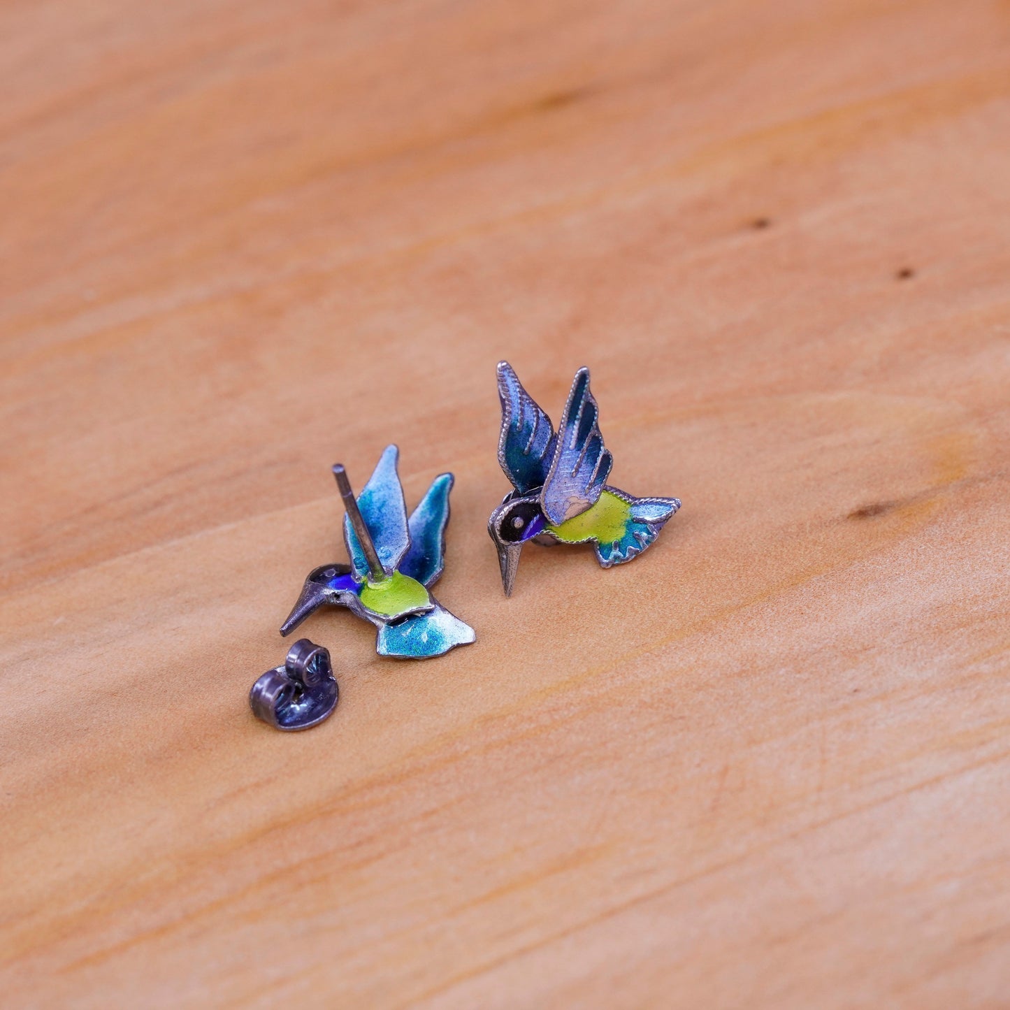 Vintage Sterling silver handmade earrings, 925 enamel hummingbird studs