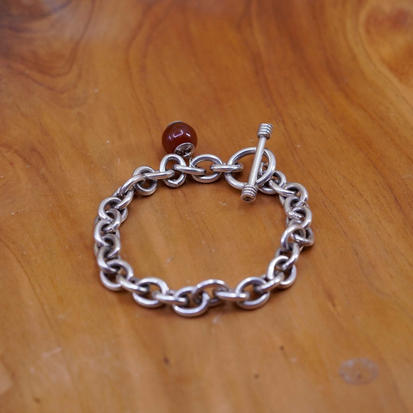 6.75”, Sterling silver handmade bracelet, 925 bold circle chain carnelian charm
