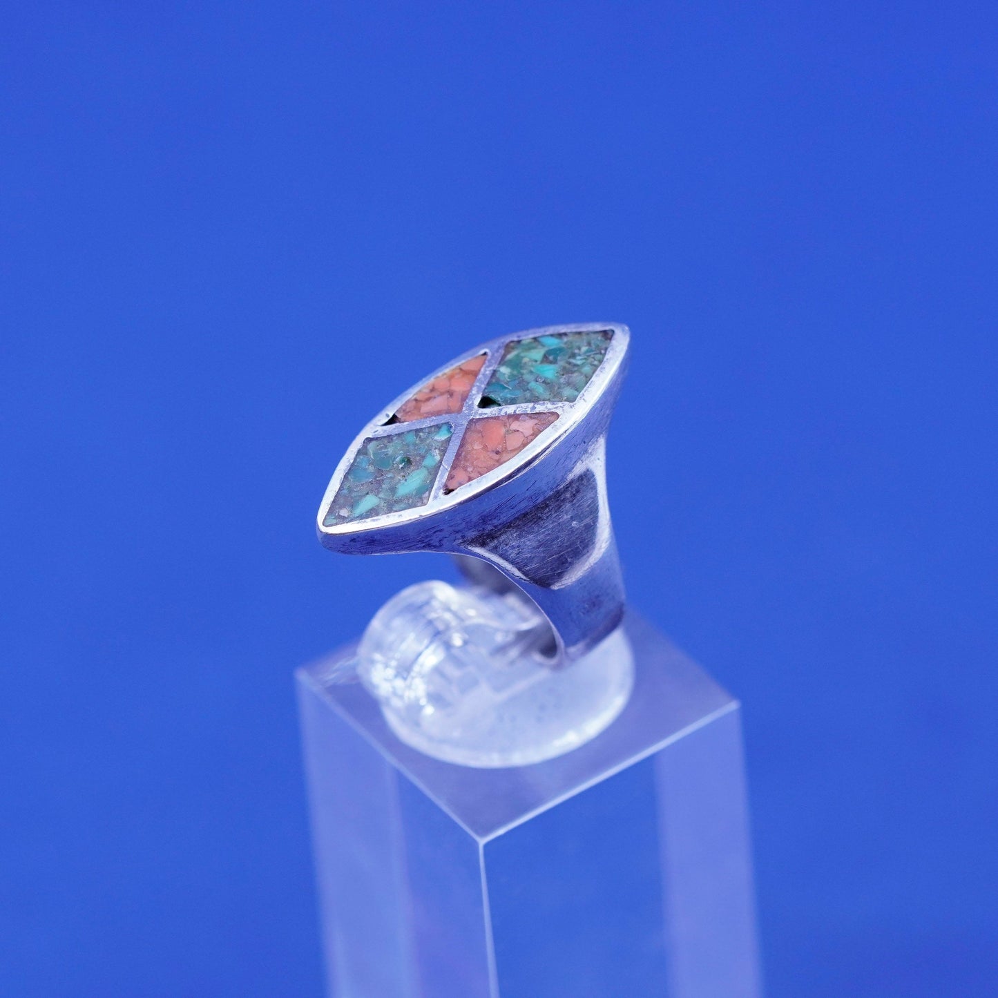 Size 4, Native American sterling silver handmade ring, 925 band turquoise coral