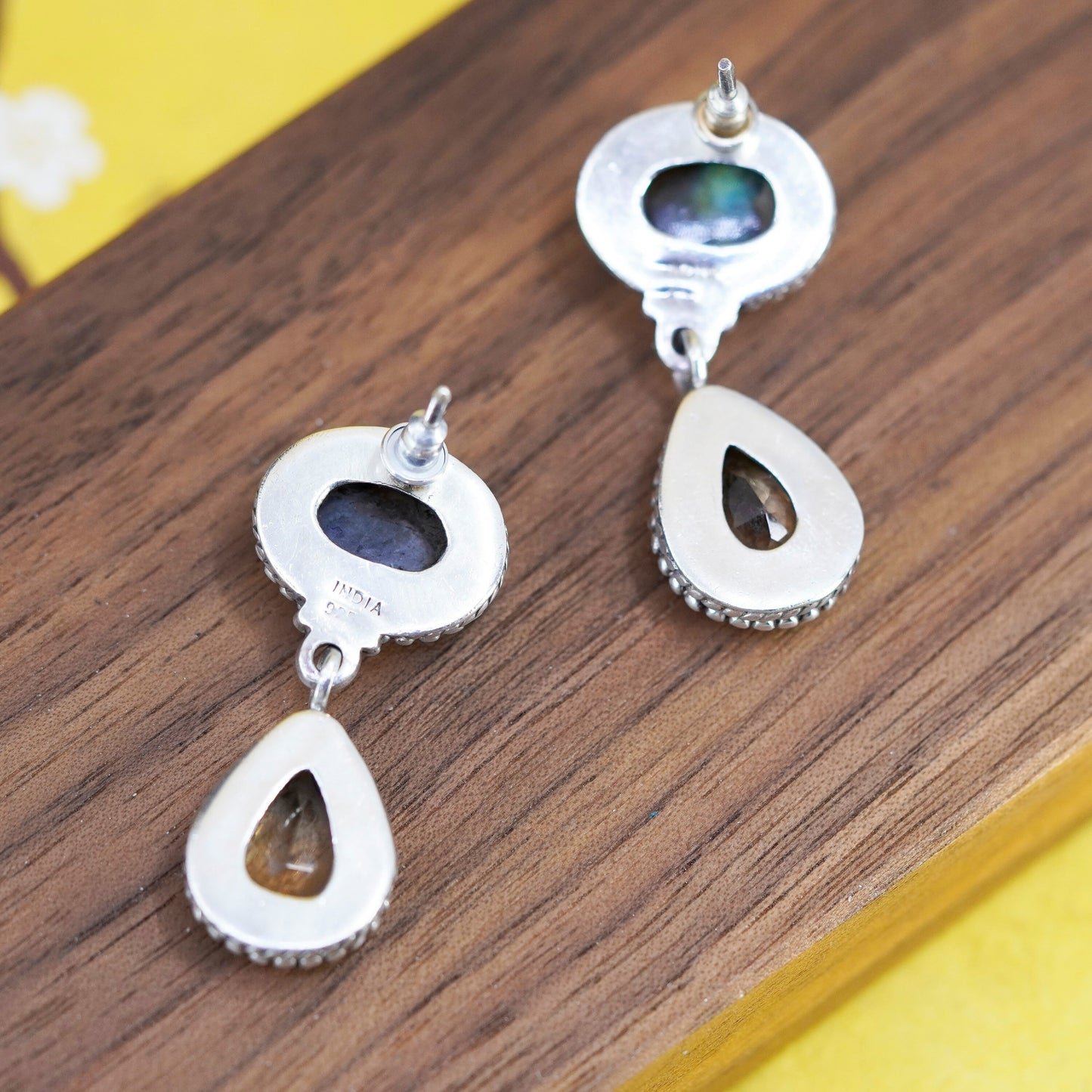 Indian Sterling 925 silver earrings oval labradorite, teardrop citrine beads