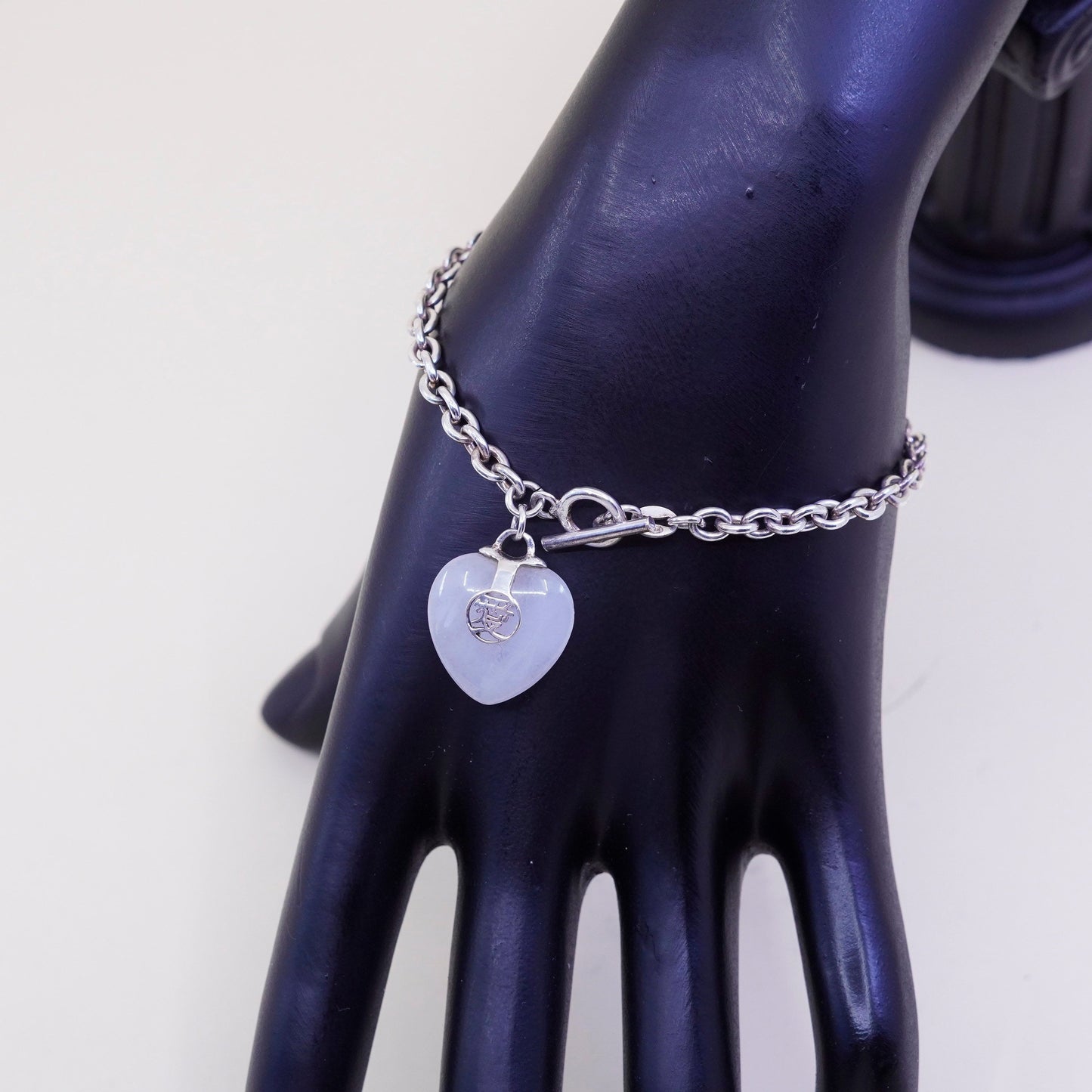 6.75”, sterling 925 silver circle bracelet w/ heart jade charm and “love”