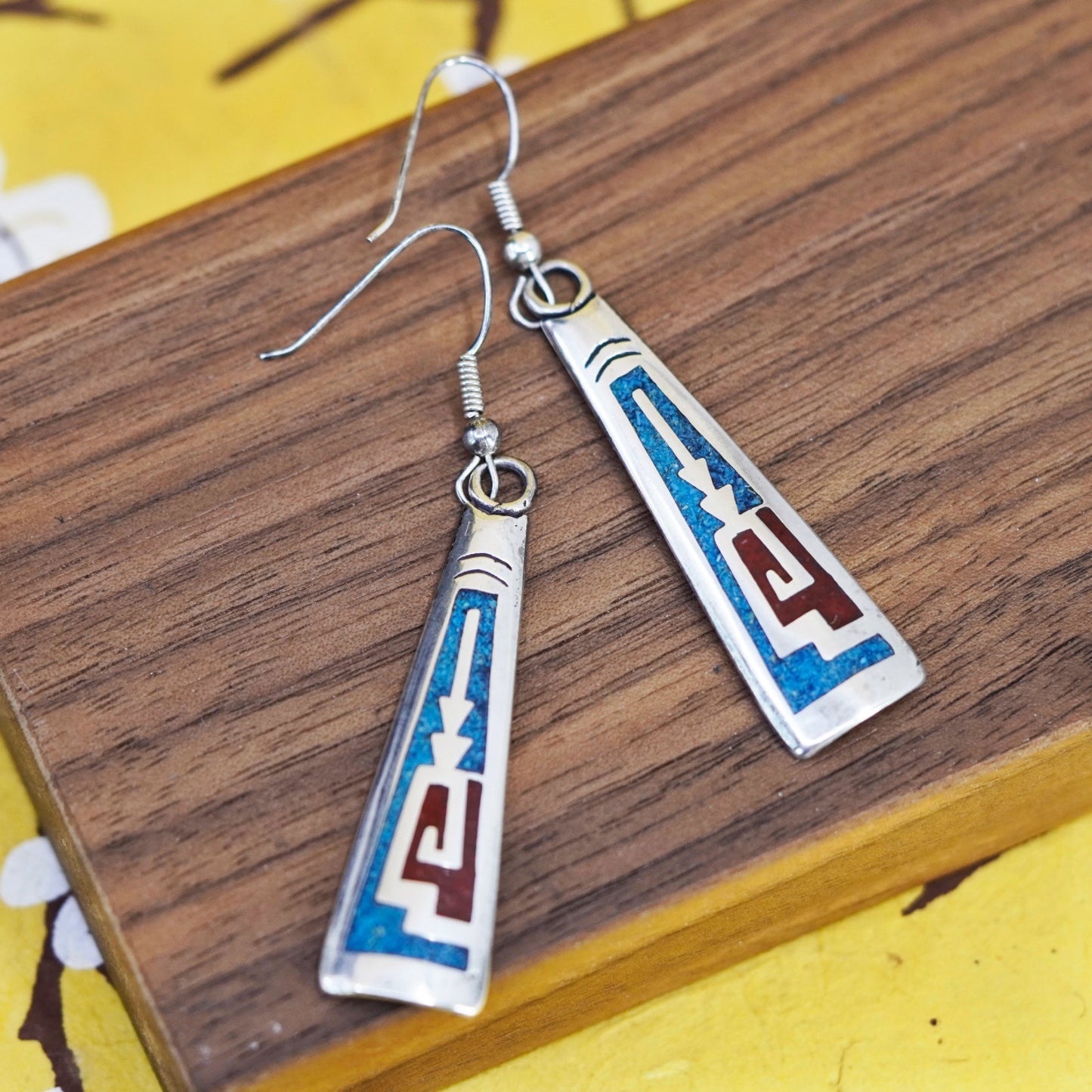 Native American Navajo 925 Sterling silver long earrings turquoise and coral