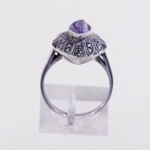 Sz 6.25, Vtg Sterling Silver handmade Ring, 925 W/ Marquise amethyst n marcasite