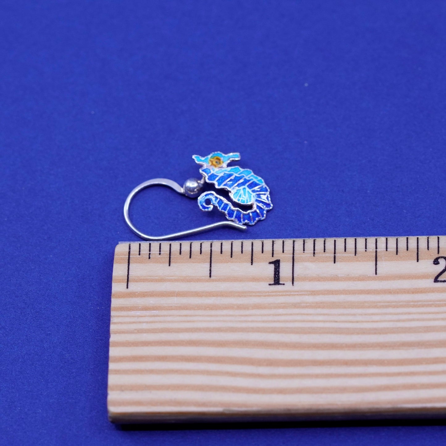 Vintage Sterling 925 silver handmade earrings, blue enamel seahorse