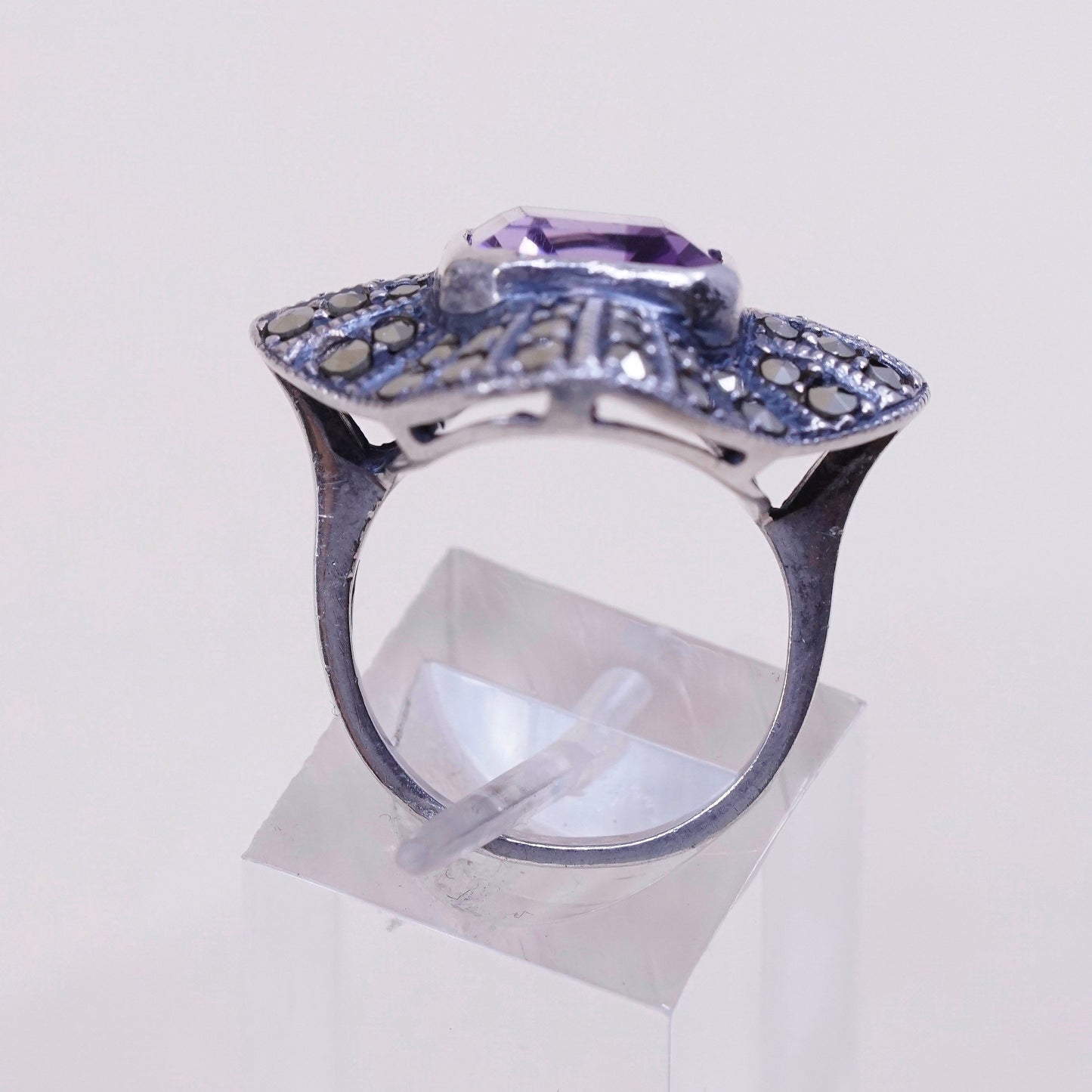 sz 6, VTG Judith Jack sterling 925 silver handmade ring w/ amethyst N marcasite