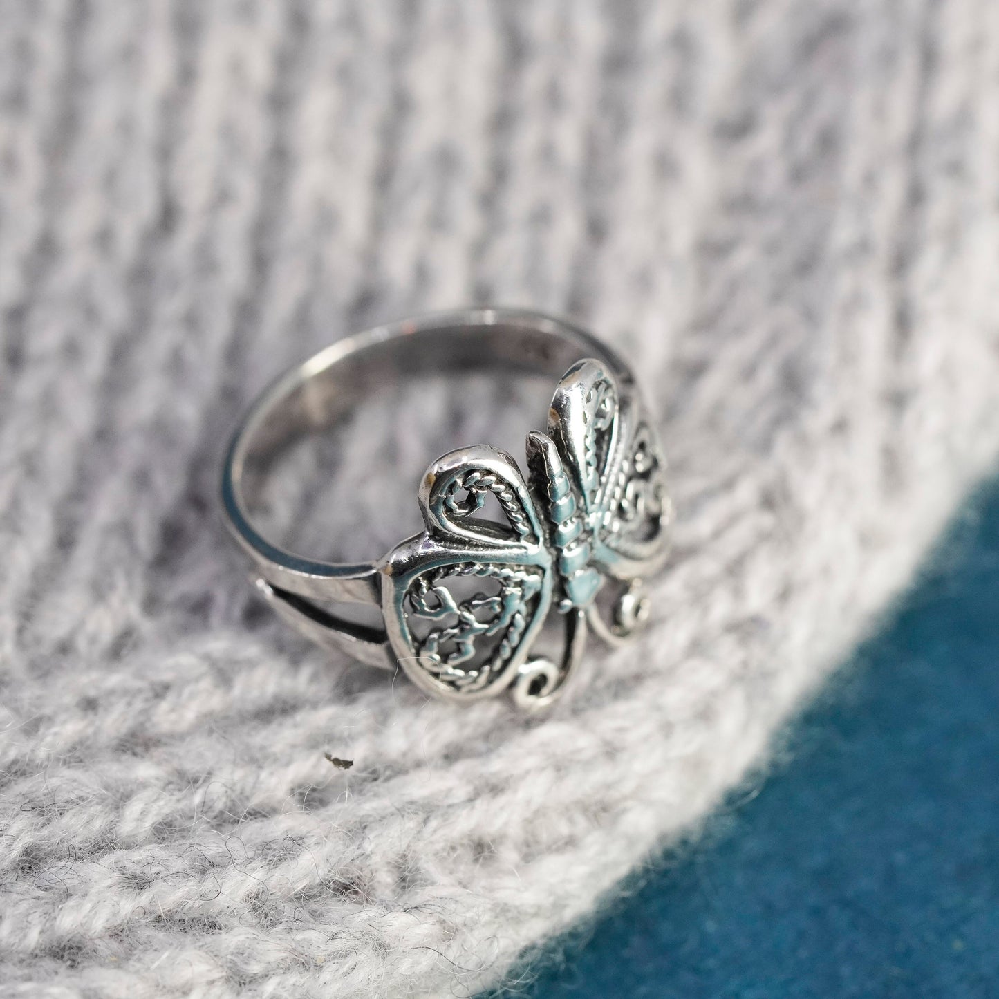 Size 7, vintage sterling silver handmade ring, 925 filigree butterfly band