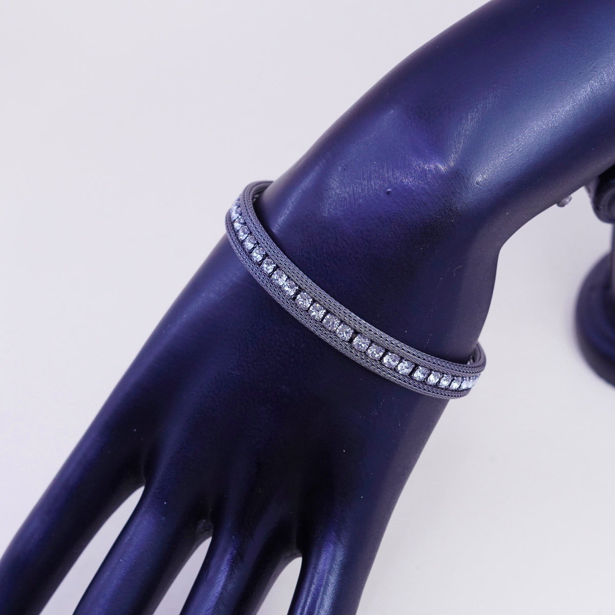 6.75”, vtg Italy sterling silver bracelet, oxidized 925 double wheat chain cz