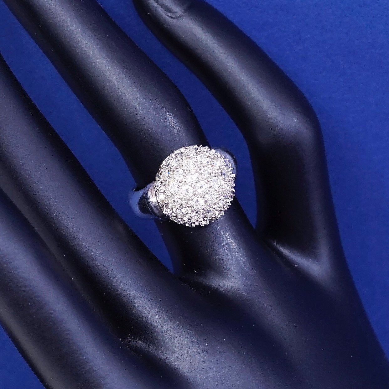 sz 5, vtg Sterling silver handmade ring, 925 w/ cluster crystal