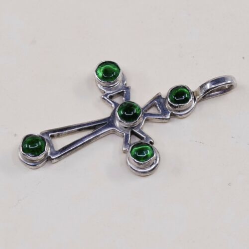 Vintage Sterling Silver Handmade Pendant, 925 silver cross w/ Green Glass