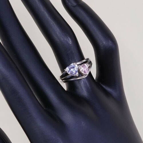 Sz 6 Vtg Sterling Handmade Ring, 925 Double Heart W/ Pink N Amethyst Cz