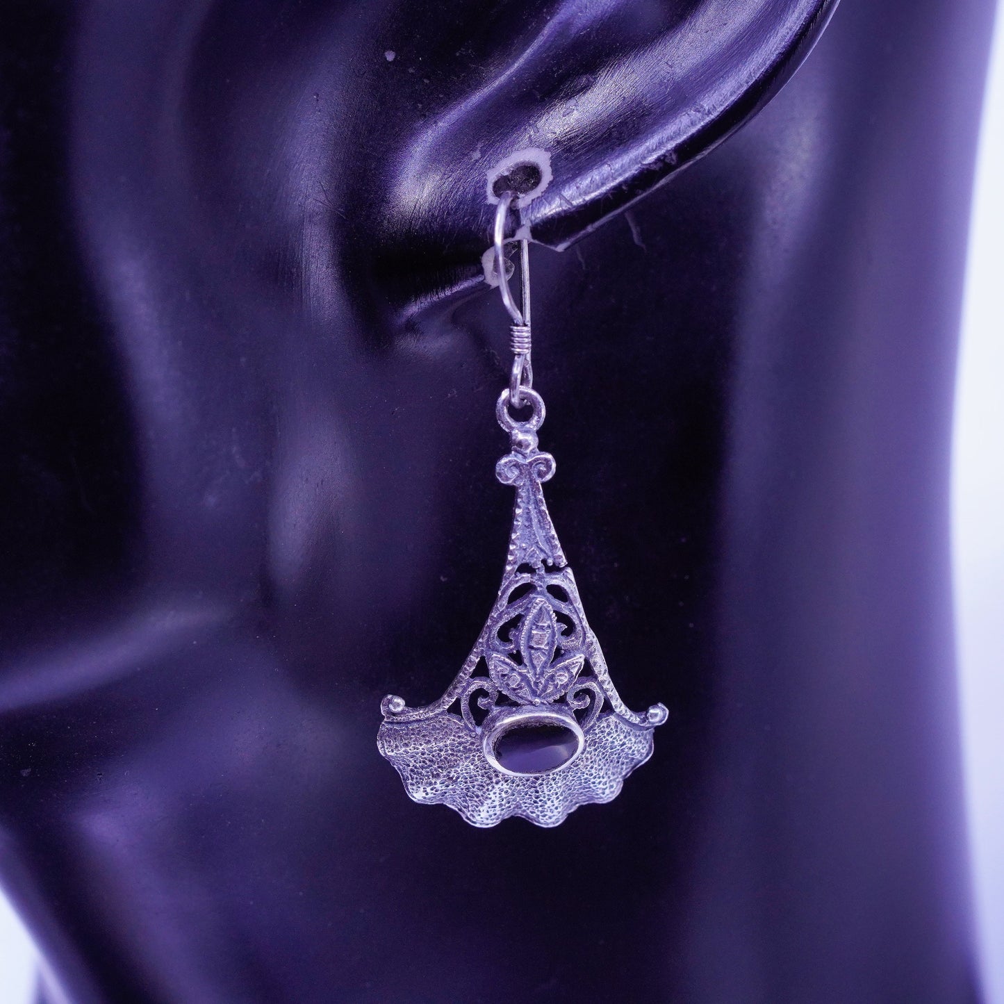 Vintage Sterling 925 silver handmade textured earrings with obsidian