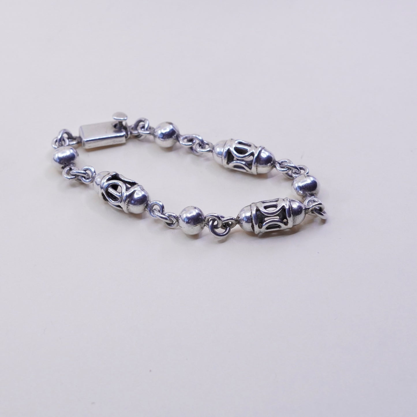 6.75”, vintage sterling silver handmade bracelet, mexico 925 nugget beads chain