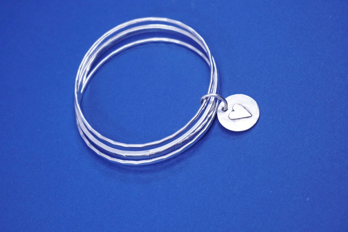 7.5”, CLP two tone sterling silver handmade bracelet, 925 bangle w/ heart charm