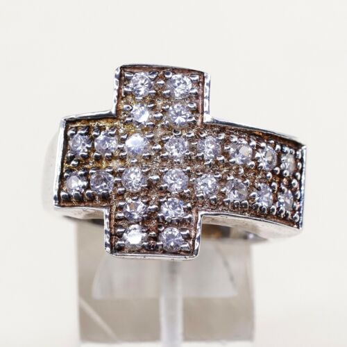 Sz 11.25, Vtg Sterling silver handmade ring, 925 silver Cross band W/ Crystal