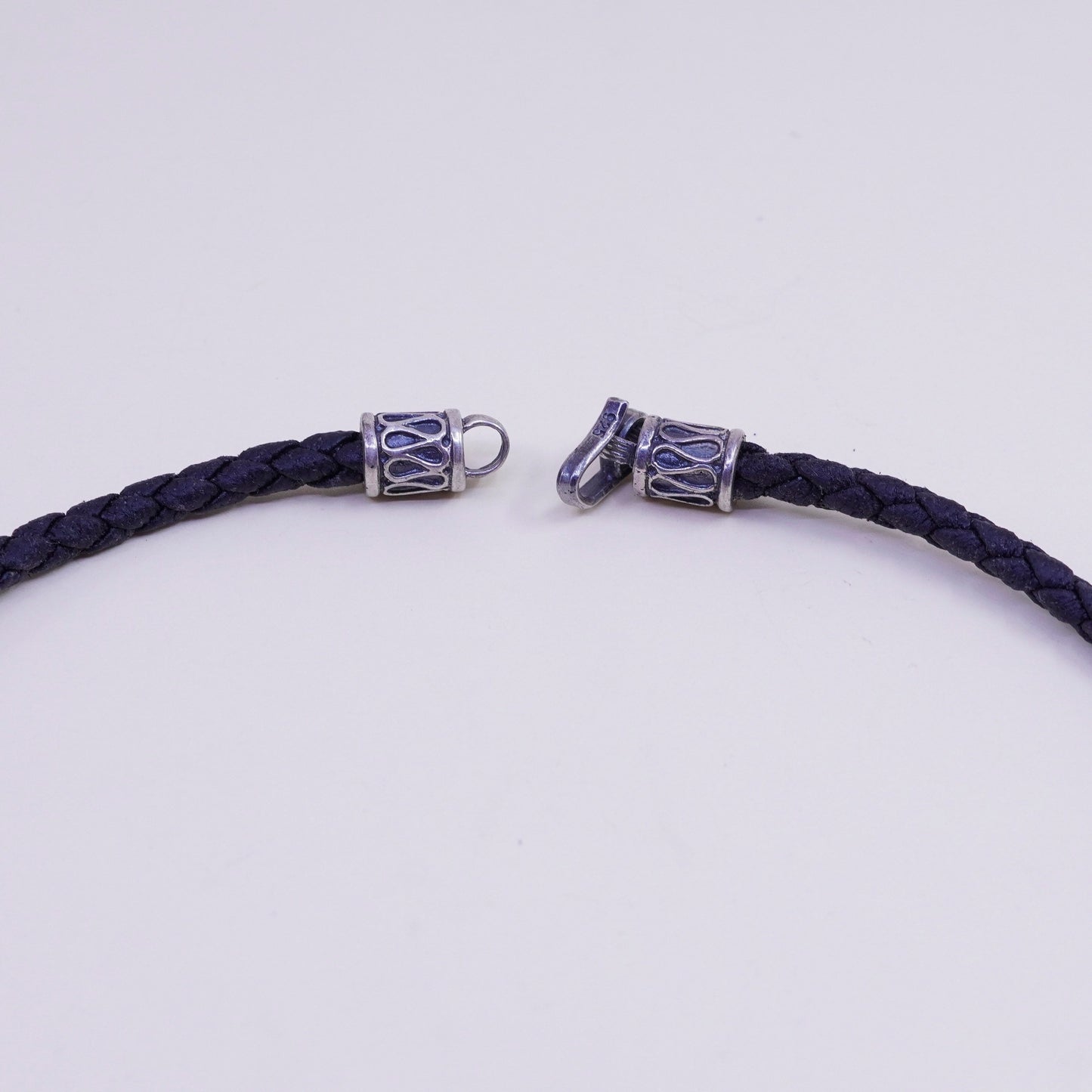 Vintage Braided Black Leather necklace with Pearl and Sterling 925 silver clasp