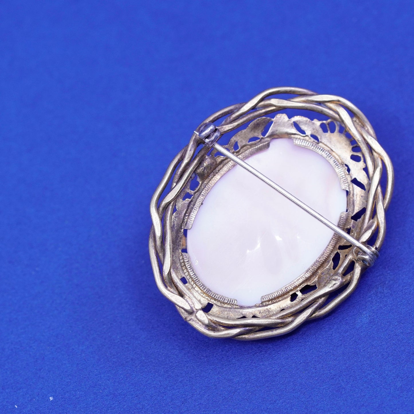 vintage handmade brass filigree brooch with cameo agate woman Portrait