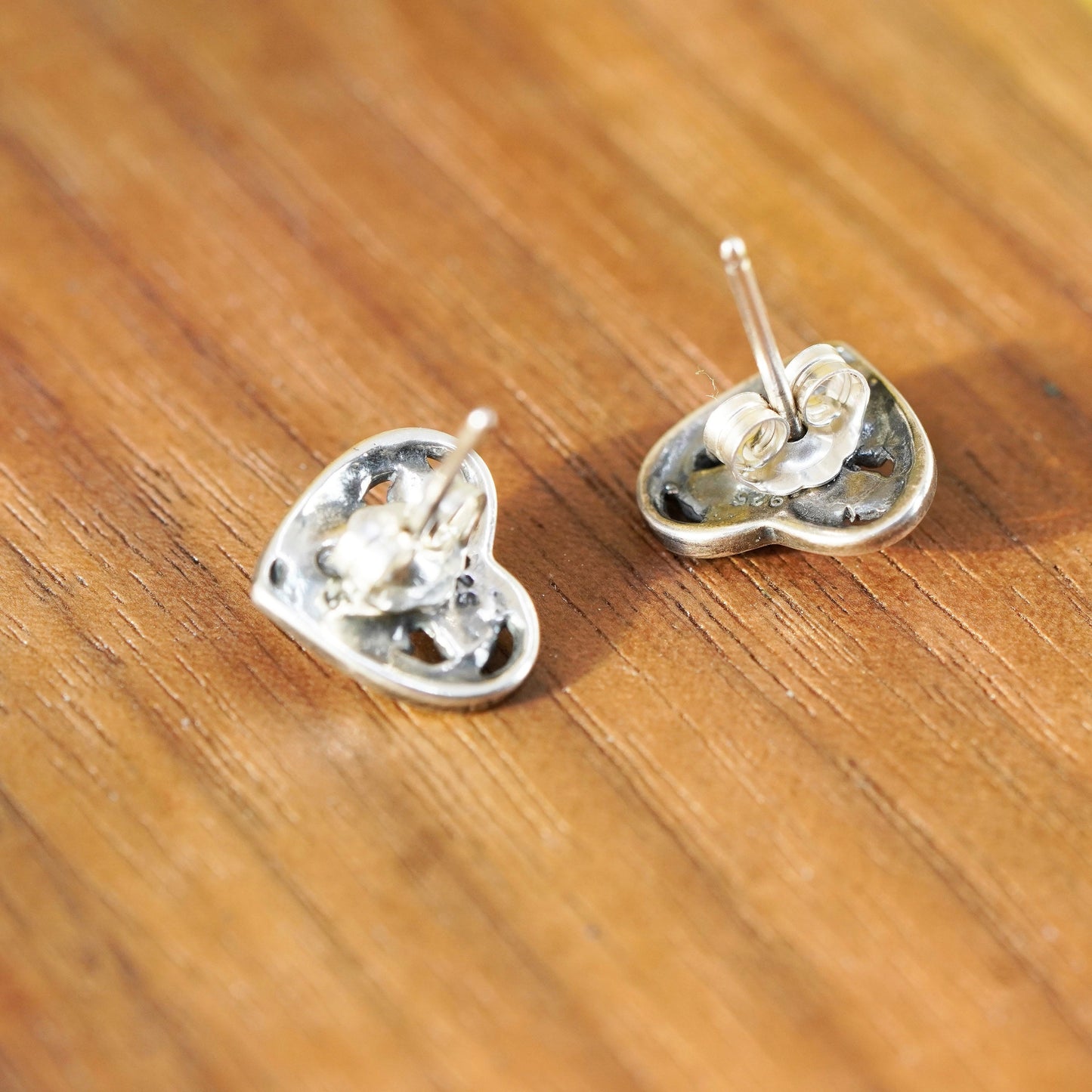 Vintage Sterling silver handmade earrings, 925 heart studs with pink cats eye