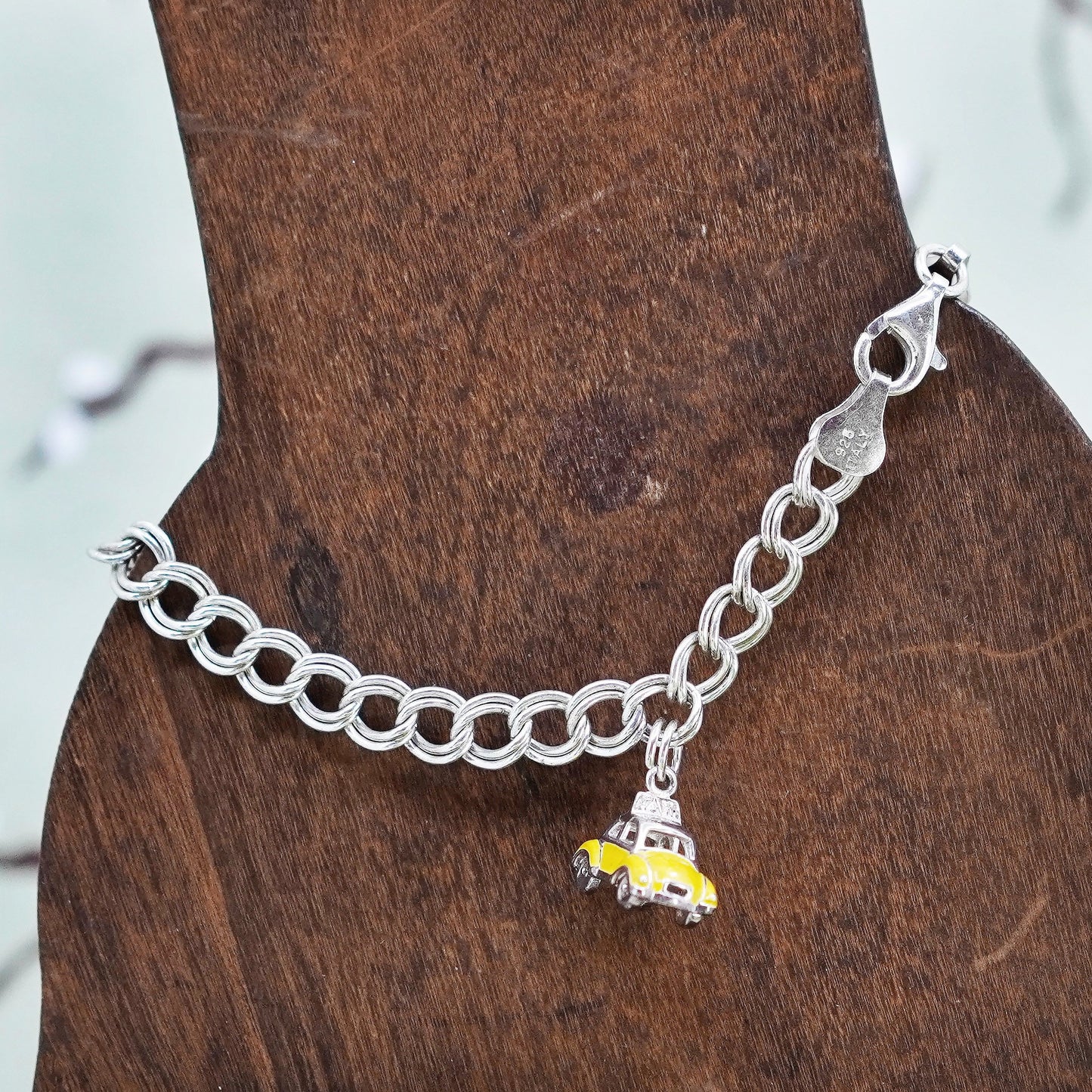 7”, sterling silver double curb bracelet, 925 chain enamel yellow cap car charm