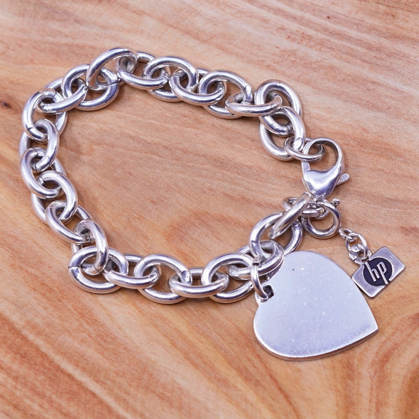 6.75”, Sterling silver handmade charm bracelet, 925 circle chain heart charm
