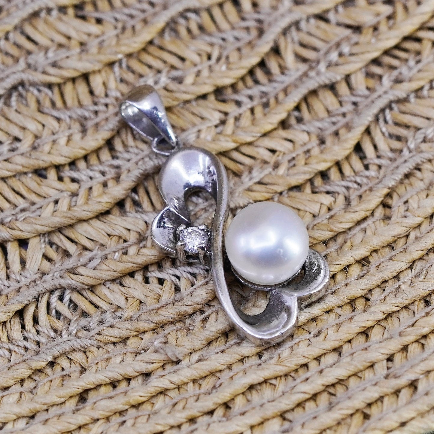 Vintage Sterling 925 silver double heart pendant with pearl and cz