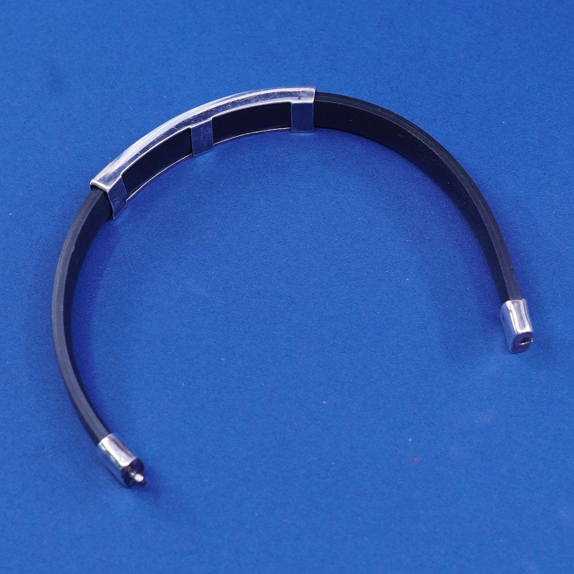 6.75”, vtg Sterling silver handmade bracelet, 925 Greek key bar w/ rubber band