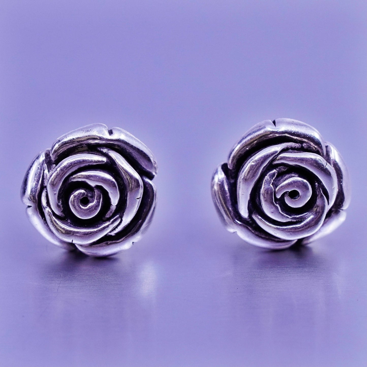 Vintage Sterling 925 silver handmade rose flower earrings, studs