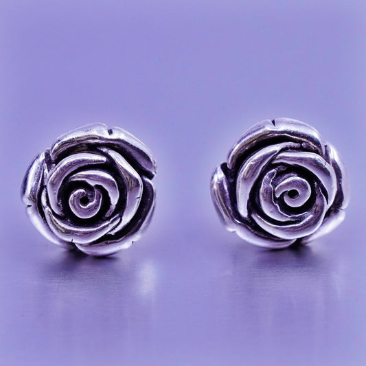Vintage Sterling 925 silver handmade rose flower earrings, studs