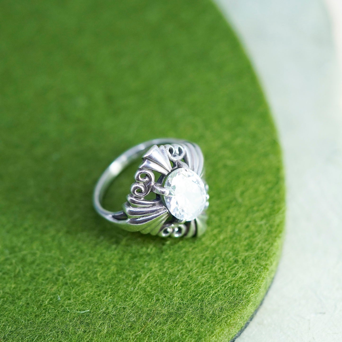 Size 6.25, vintage Kabana 925 silver handmade flower ring with cz
