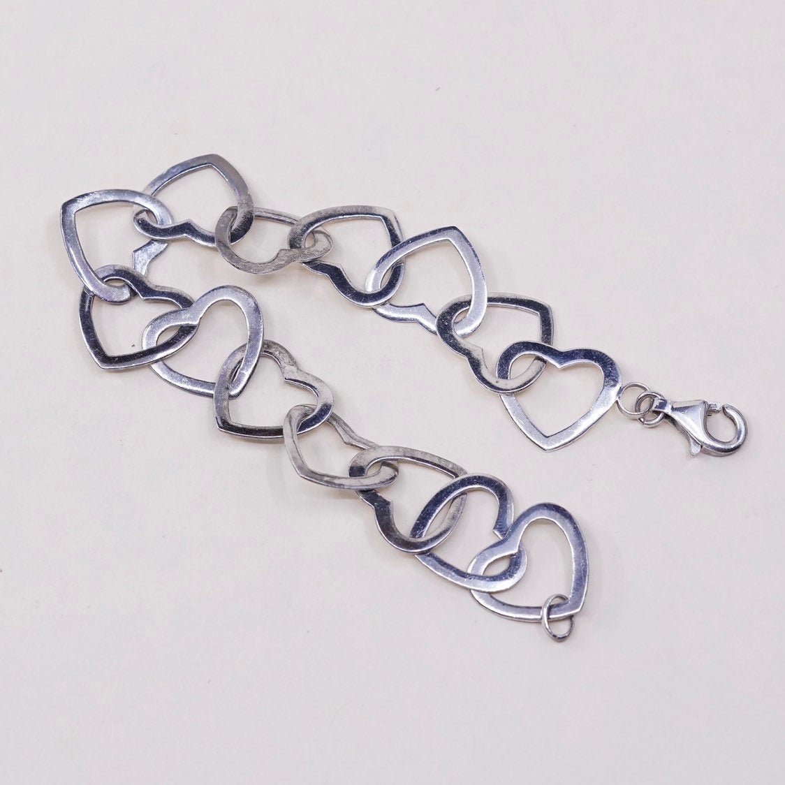 6.5”, VTG sterling silver handmade heart bracelet, 925 chain
