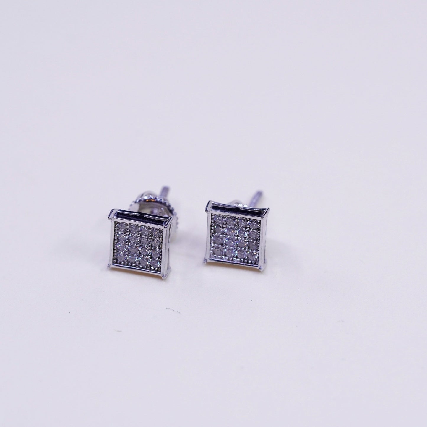 Vintage Lusso sterling silver earrings, 925 studs with square cluster diamonds