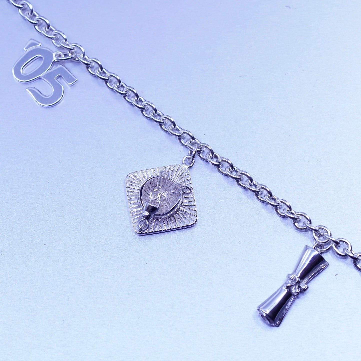 7”, Sterling silver handmade bracelet, 925 bold circle chain graduation diploma