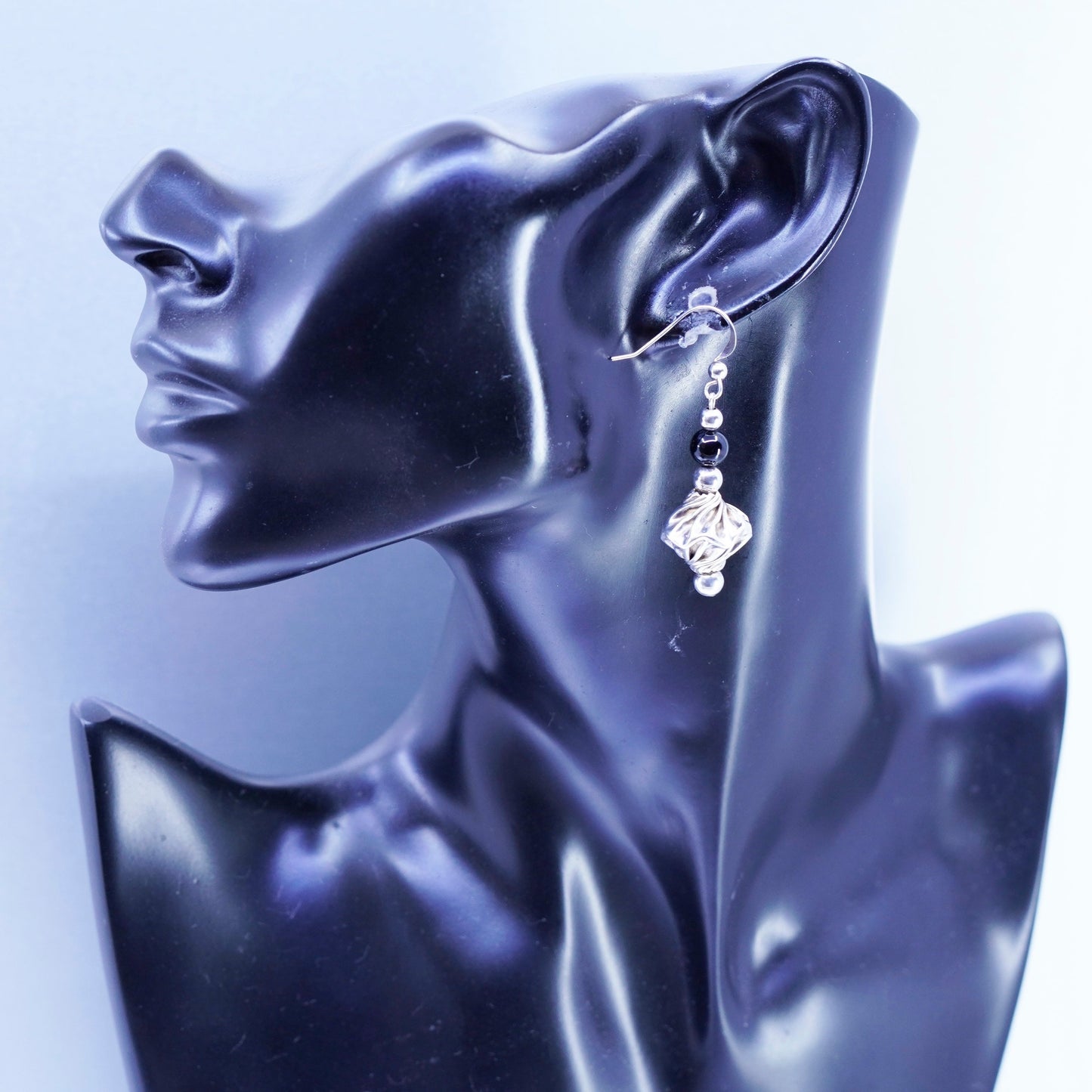 Vintage Sterling 925 silver handmade twisted earrings drops with obsidian beads