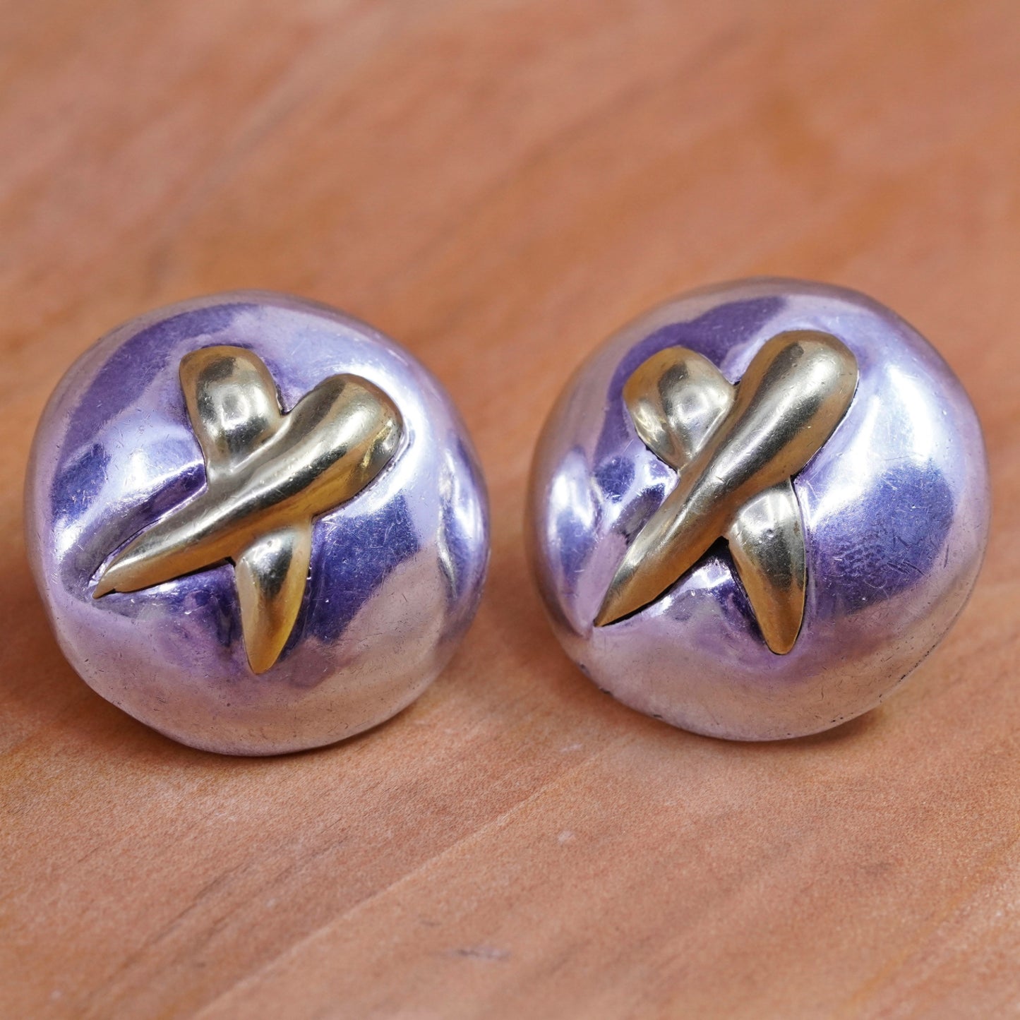 Two Tone Sterling silver handmade earrings, mexico 925 silver round studs