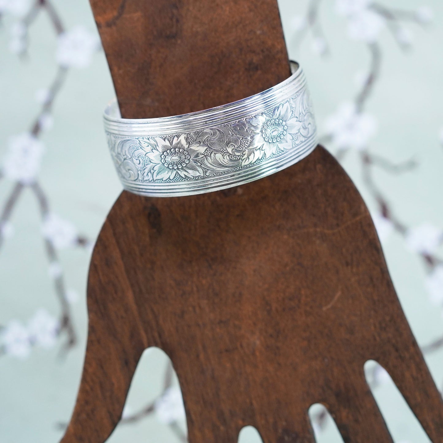 6”, danecraft sterling silver handmade bracelet, wide 925 floral textured cuff