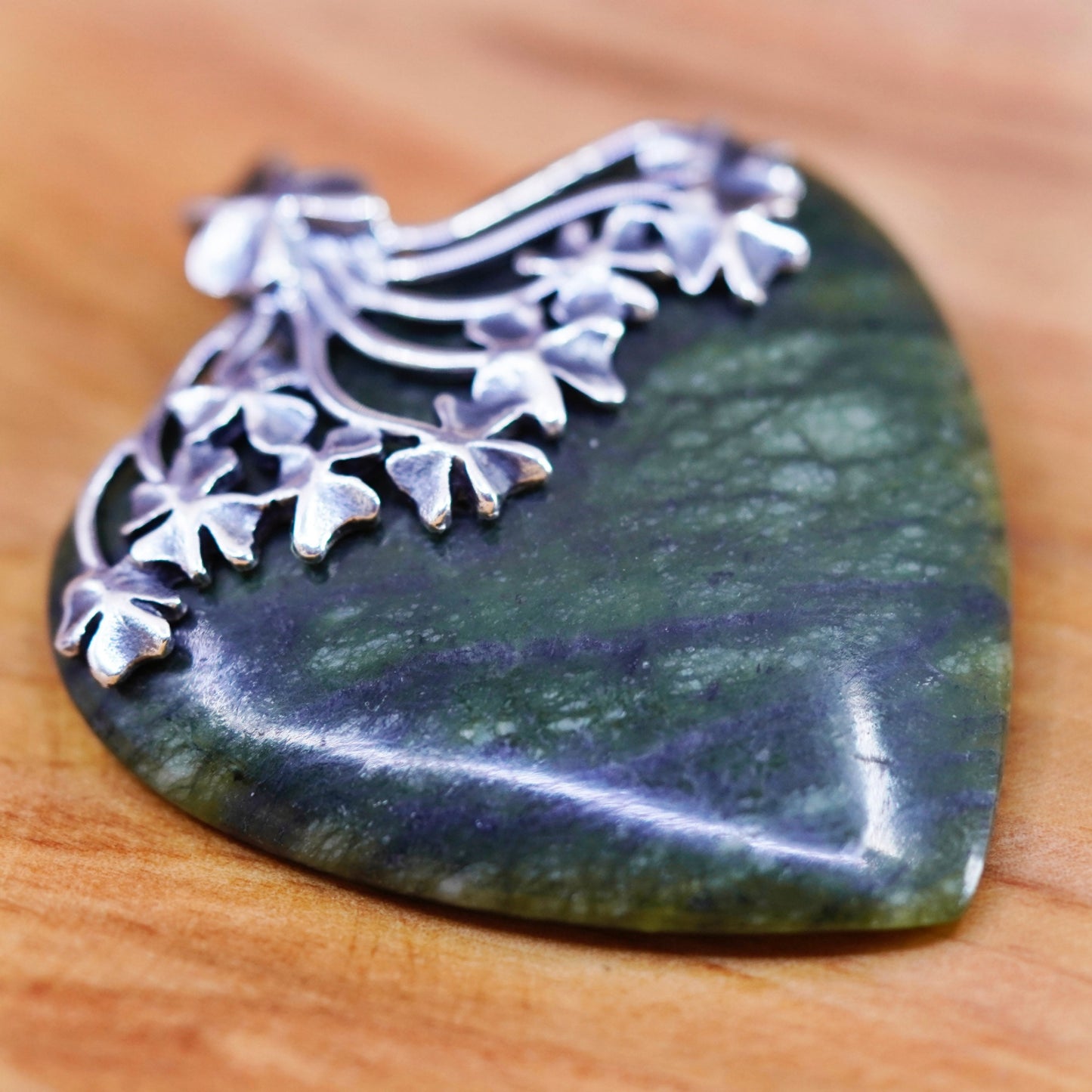 Vintage Sterling 925 silver handmade heart pendant with connemara marble flower