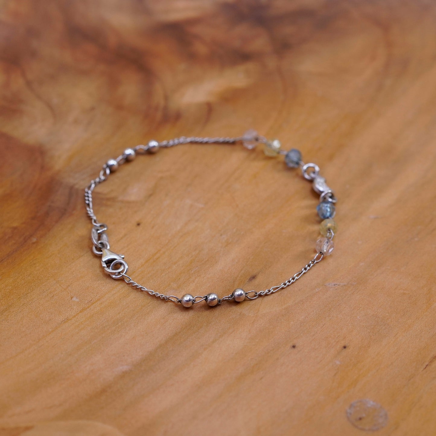 7.25”, vintage Sterling silver bracelet, 925 figaro chain moon charm crystal